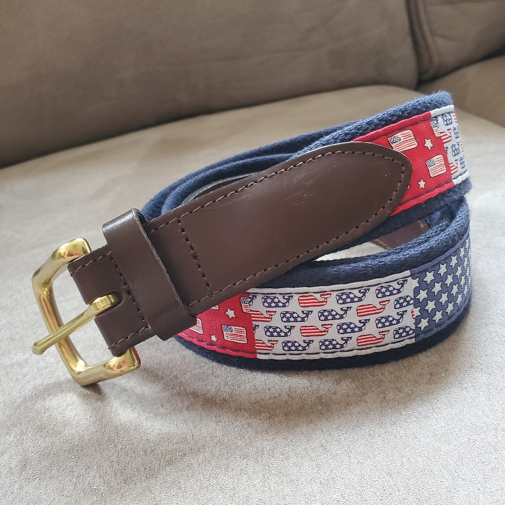 Vineyard Vines Red and Blue Belt with Gold Buckle